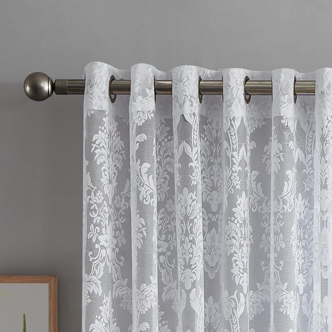 LinenZone 108x100 2 White Lace Wall-to-Wall Curtains. (Lisa 108x100, White) | 2 Elegant Knitted Lace Wall-to-Wall Curtains with Scalloped Bottom and Tiebacks for Extra Large Windows .
