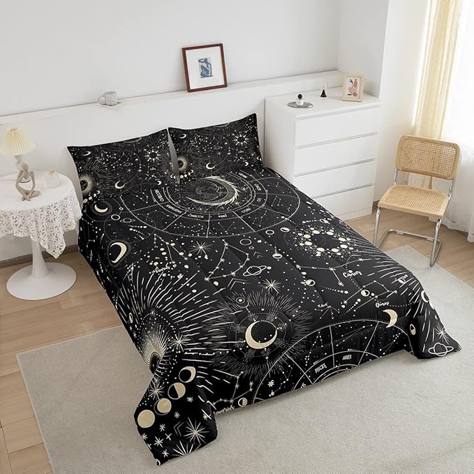 Feelyou Sun and Moon Comforter Set Boho Exotic Bedding Set Galaxy Astrology Comforter for Boys Girls Children Teens Bedroom Decor Chic Cute Luxury Zodiac Signs Duvet Set Queen Size Quilt Set