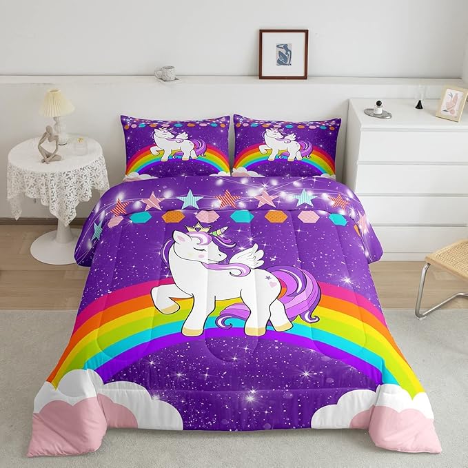 Unicorn Comforter Set Full Rainbow Bedding Set For Girls Children Purple Cute Unicorn Glitter Down Comforter Kids Cartoon Kawaii Warm Soft Duvet Set Galaxy Stars Fantasy Bedroom Decor 2 Pillow Cases
