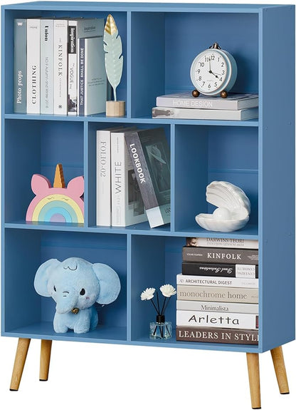 YAHARBO 7 Cube Bookshelf, Blue Kids Book Shelf with Cubby Storage,Wooden Modern Bookcase with Legs,3 Tier Freestanding Display Book Case,Children Toy Organizer,Bookshelves for Office,Nursery,Playroom