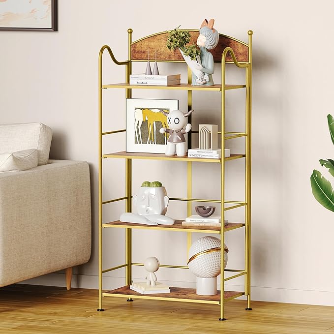 Folding Bookshelf No Assembly, 4 Shelf Gold Folding Bookcase with Sturdy Metal Frame, Vintage Open Standing Collapsible Shelves for Bedroom, Living Room, Home Office Organization