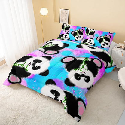 Panda Comforter Full Size,Neon Panda Comforter Set for Kids Teens Girls Boys,3Pcs Bedding Set Printed Comforter with 2 Pillowcases,Down Alternative,Soft and Lightweight，Full Size