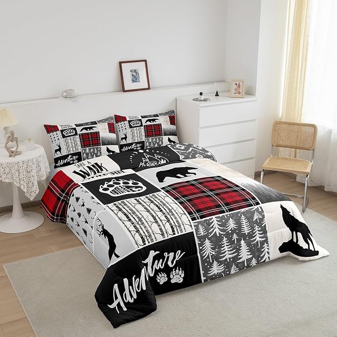 Deer Antlers Comforter Set King Size,Bear Paws Pine Trees Xmas Bedding Set for Kids Boys Girls Adults Room Decor,Lattices Patchwork Rustic Farmhouse Down Comforter,Red Duvet Insert,2 Pillowcases