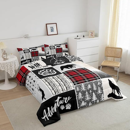 Deer Antlers Comforter Set Twin Size,Bear Paws Pine Trees Xmas Bedding Set for Kids Boys Girls Adults Room Decor,Lattices Patchwork Rustic Farmhouse Down Comforter,Red Duvet Insert,1 Pillowcase