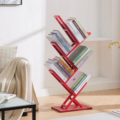 5 Tier Tree Bookshelf, Wisdom Tree Bookshelf, Modern Corner Book Shelfe, Small Bookshelf for Small Spaces, Utility Organizer for CDs/Books/Home Office/Living/Bedroom Room-Red