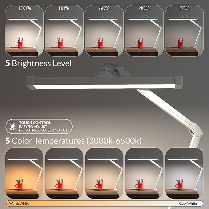 Super Bright 2,300 Lumens Powerful Professional Eye Care LED Desk Lamp, Brightness & Color Temperature Adjustable, Task Light for Home, beauty, Crafting, Office, Workbench (CCT, Dimmable, White)