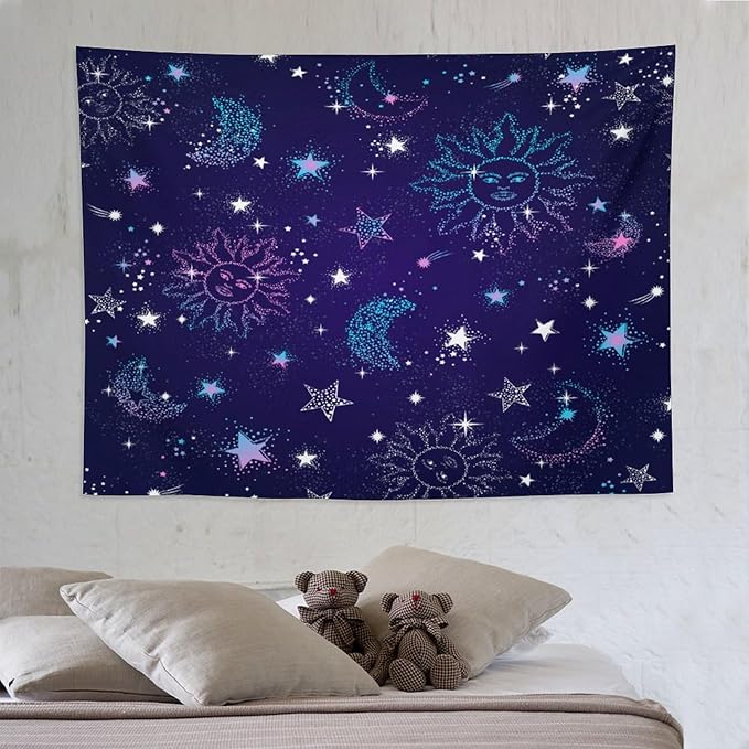 HZOHNAGO Boho Sun Moon Tapestry Purple Blue Sun Stars Galaxy Pattern Printed Wall Tapestry Wall Hanging for Bedroom Living Room Dorm 80" W x 60" H