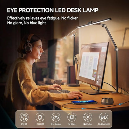 LED Desk Lamp with Clamp for Home Office, 24W Ultra Bright 7 Stepless Dimming/5 Color Modes/Timer, Architect Modern Table Lamp with Touch and Remote Control USB Charging Port for Study Reading