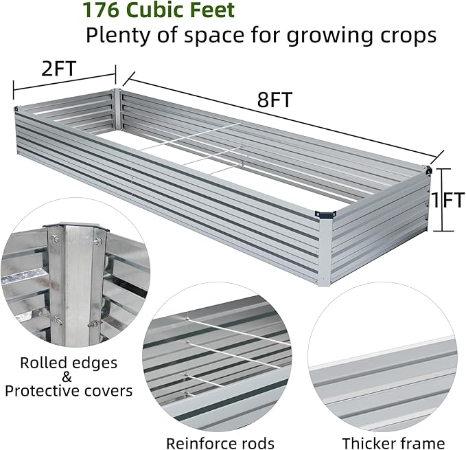 2 Pack 8x2x1FT Galvanized Raised Garden Beds Kit Outdoor Metal Gardening Planter Box for Vegetable Elevated Flower Herbs,Silver