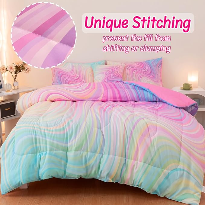 4 Pcs Pink Twin Comforter Set for Girls, Tie Dye Superior Kids Teen Bedding Sets, Blue Pink Rainbow Twin Size Bedding Set for Girls