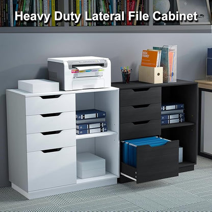 4 Drawers Lateral File Cabinet, Wood Filing Cabinet, Printer Stand with Open Storage Shelves for Home Office, 6 Compartments, Black