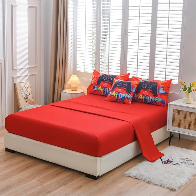 Aimuan Gamer Gaming Bedding Sets 3D Gamepad Comforter Sets for Boys Games Console Action Buttons Novelty Colorful Game Controller Modern Room Decor Home Quilt Set (Red, Full 6PCS)