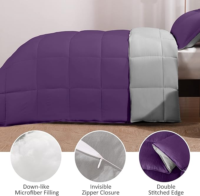 Basic Beyond Queen Comforter Set - Fluffy Comforter Queen Set for All Seasons - Reversible Purple Comforter Set Queen for Mens - 3 Pieces (1 Comforter + 2 Pillow Shams) - Purple/Grey