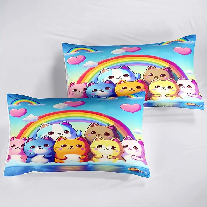 Rainbow Cat Comforter Full Size - Rainbow Cat Bedding for Girls Room Cute Cartoon Rainbow Bedding Full Comforter Sets for Kids, 1 Comforter+2 Pillowcases