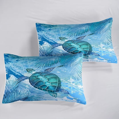 CVHOUSE Sea Turtle Bedding Set,Sea Turtle Comforter King,Ocean Bohemia Comforter Set for Boys Kids Girls,Ocean Quilt Set with 1 Comforter and 2 Pillow Cases
