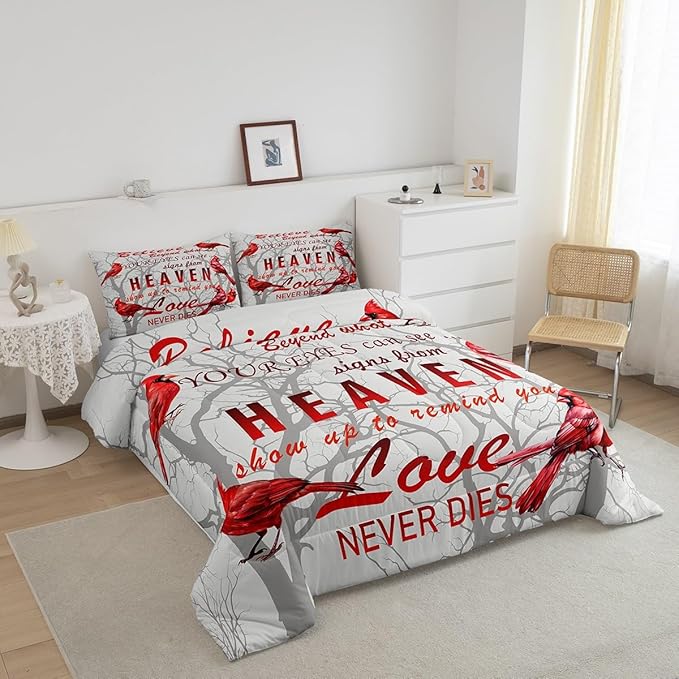 Cardinal Bird Comforter Set Full Size Farmhouse Red Birds Bedding Set for Girls Boys Women Men Tree Branches Decor Comforter Nature Comforter with 2 Pillow Case