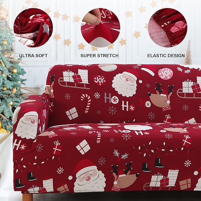 Mybedsoul Christmas Sofa Cover Santa Claus Printed Sofa Couch Cover Washable Furniture Protector with Elastic Bottom Xmas Home Room Festival Decoration(2 Seater/Loveseat)