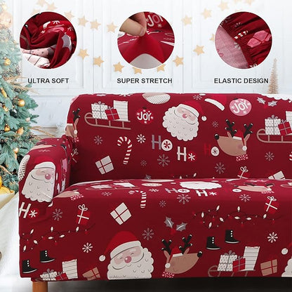 Mybedsoul Christmas Sofa Cover Santa Claus Printed Sofa Couch Cover Washable Furniture Protector with Elastic Bottom Xmas Home Room Festival Decoration(2 Seater/Loveseat)