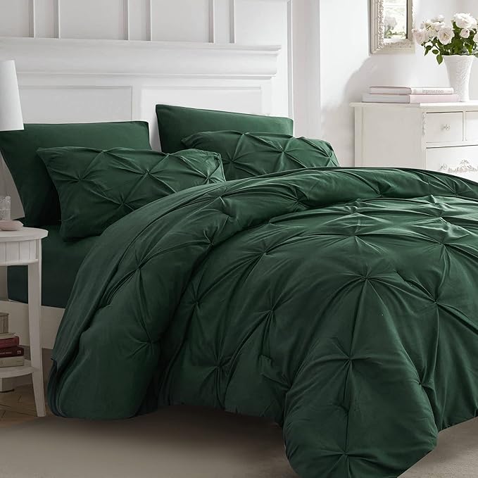 Ubauba 7pc Dark Green Full Size Comforter Set with Sheets, Emerald Green Pinch Pleating Bed in a Bag with Comforter 7 Piece Set, All Season Pintuck Bedding Sets (Green,Full)