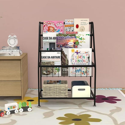 Kids Bookshelf Freestanding for Children Room 18 Inches Black Metal Bookcase Large Capacity Books Toys Organizer Stable 5 Tiers Kids Book Rack for Playroom Bookstore Library.