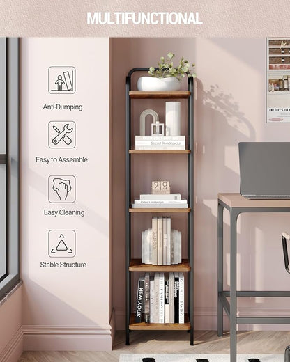 Bookcase Bookshelf, Narrow Book Shelf, Industrial Coner Shelf Storage Organizer, Slim Shelving Unit for Home Office, Living Room, Bedroom, Kitchen, 5-Tier Rustic Brown BC24501B