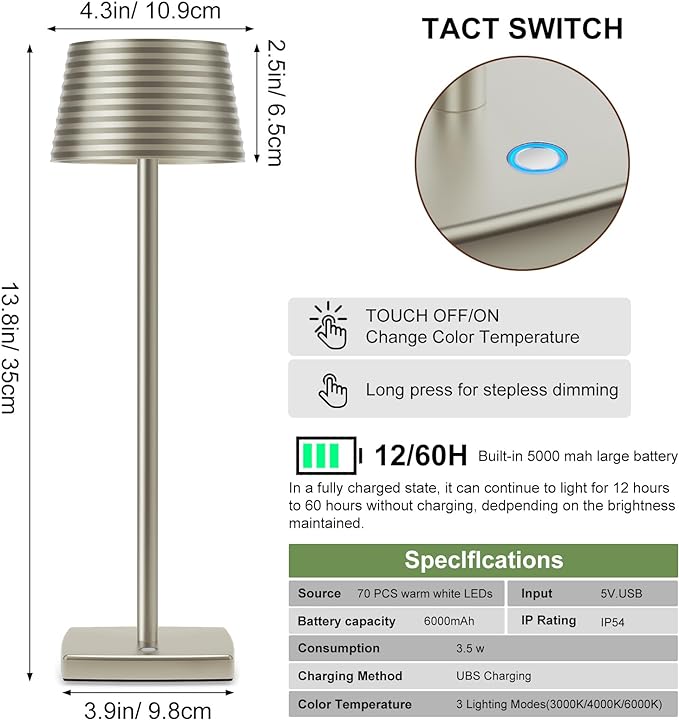 Rechargeable Cordless Table Lamp, Battery 5000mAh Metal Aluminum Housing USB LED Portable Powered Desk Lamp, 3 Levels Brightness Night Light for Restaurants Bars Outdoor (Silver-2pack)