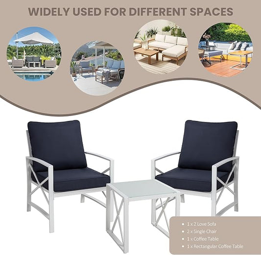 Shintenchi 3 Piece White Metal Outdoor Furniture Sectional Set, Modern Outdoor Metal Chair Conversation Furniture Set with Coffee Table for Patio,Backyard,Balcony (Dark Blue)