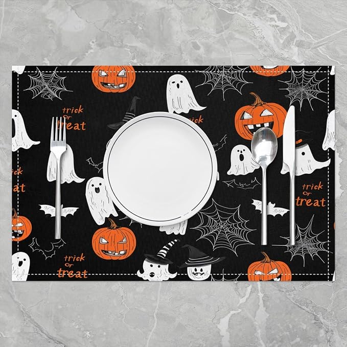 Feelyou Happy Halloween Placemats Set of 4 Ghost Pumpkin Table Mats for Party Kitchen Dining Decoration Holiday Seasonal White Black Orange Place Mat for Dinner Table Indoor Outdoor 18"x12" Cobweb