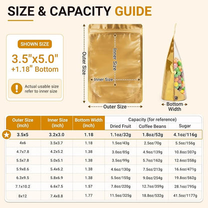 ANZNKU 100PCS Mylar Bags Resealable Small Smell Proof Bags(Gold, 3.5x5) | Stand Up Foil Pouches Clear Window, Sealable Bags for Small Business Packaging Snack Party Favors Candy Treats Food Storage