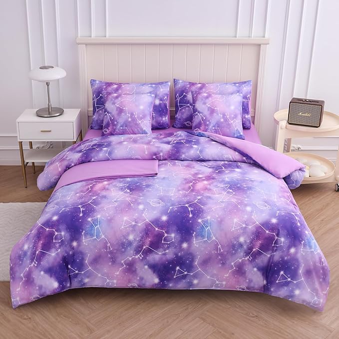 Full Size Bedding Sets Kids Bedding Sets for Girls,Galaxy Bedding 7pieces Glitter Pink Comforter Colorful Comforter Full Size Comforter Sets for Teen Girls(Multicolor)