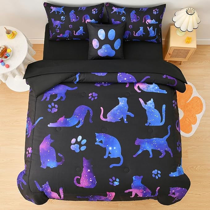 DORCAS Cute Cat Twin Comforter Set for Girls Starry Sky Bedding Sets Twin Girls 6 Pieces Animal Twin Bed-in-A-Bag with Comforter,Sheets,Pillowcases for Kids
