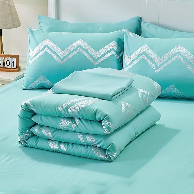 Wowelife Teal Comforter Set Queen7 Pieces Blue Glitter Metallic Bedding Set Full Teal Kids Comforter Set Breathable with Comforter, Flat Sheet, Fitted Sheet, 2 Pillow Shams and 2 Pillowcases