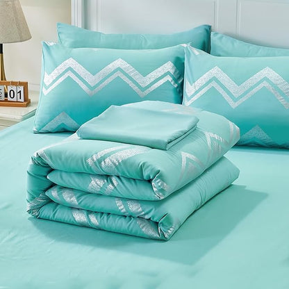 Wowelife Teal Comforter Set Queen7 Pieces Blue Glitter Metallic Bedding Set Full Teal Kids Comforter Set Breathable with Comforter, Flat Sheet, Fitted Sheet, 2 Pillow Shams and 2 Pillowcases