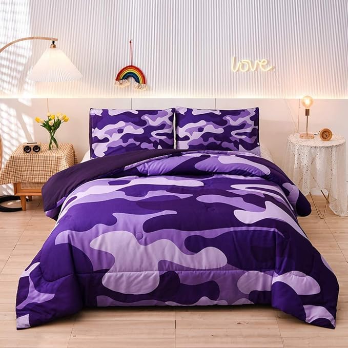 Meeting Story Camo Twin bedding Set Purple Camouflage Comforter Set, 3 PCS One Comforter and Two Pillowcases All Season Lightweight Bedspread for Kids Teens Adults (Purple, Twin)