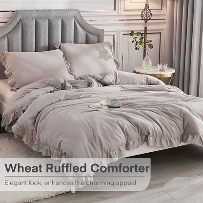 Andency Wheat Ruffle Comforter Full(79x90Inch), 3 Pieces(1 Ruffled Comforter and 2 Pillowcases) Vintage Ruffle Fringe Comforter, Farmhouse Rustic Microfiber Down Alternative Bedding Comforter Set