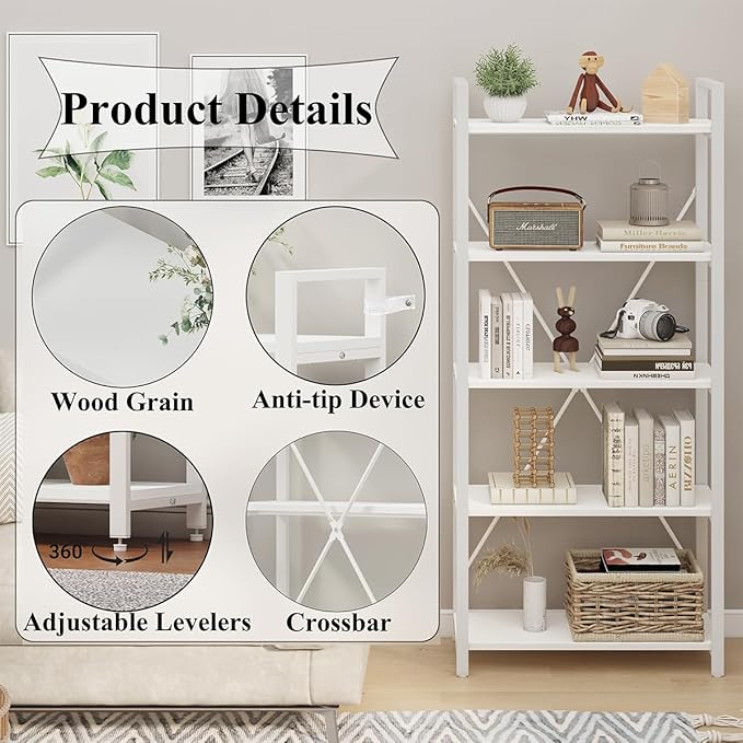 FATORRI 5 Tier Bookshelf, Metal and Wood Bookcase, Etagere Book Shelf for Display, Modern Shelving Unit Tall Book case for Home Office, Living Room, Bedroom (White Oak)