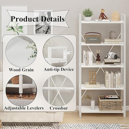 FATORRI 5 Tier Bookshelf, Metal and Wood Bookcase, Etagere Book Shelf for Display, Modern Shelving Unit Tall Book case for Home Office, Living Room, Bedroom (White Oak)