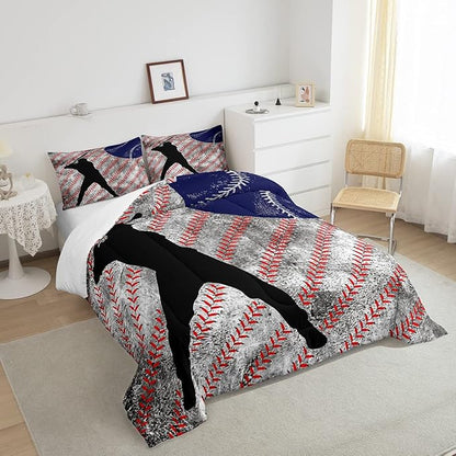 Erosebridal Baseball Comforter Set Full for Boys Teen Baseball Athlete Bedding Set Kids Ball Games Sports Bed Comforter Sets Sport Baseball Quilt Duvet 2 Pillow Cases Retro Red Dark Blue White