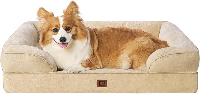EHEYCIGA Orthopedic Dog Beds for Large Dogs, Waterproof Memory Foam Large Dog Bed with Sides, Non-Slip Bottom and Egg-Crate Foam Large Dog Couch Bed with Washable Removable Cover, Greige