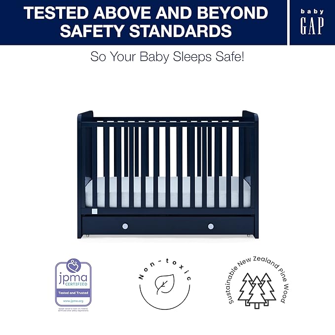 babyGap by Delta Children Graham 4-in-1 Convertible Crib with Storage Drawer TrueSleep Crib and Toddler Mattress (Bundle), Navy/Light Blue