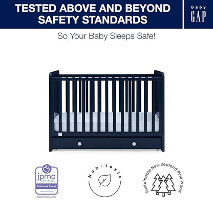 babyGap by Delta Children Graham 4-in-1 Convertible Crib with Storage Drawer TrueSleep Crib and Toddler Mattress (Bundle), Navy/Light Blue