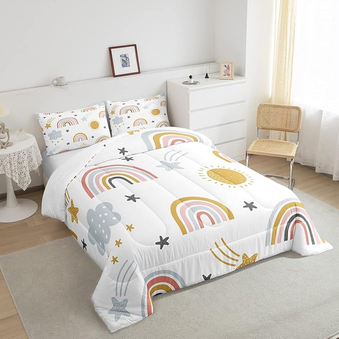 Erosebridal Girls Rainbow Bedding Set, Sun and Stars Comforter Set Twin Size for Kids Boys Children Cartoon Style Cloud Bedding Comforters Girly Soft Microfiber Duvet Insert for Bedroom Decor