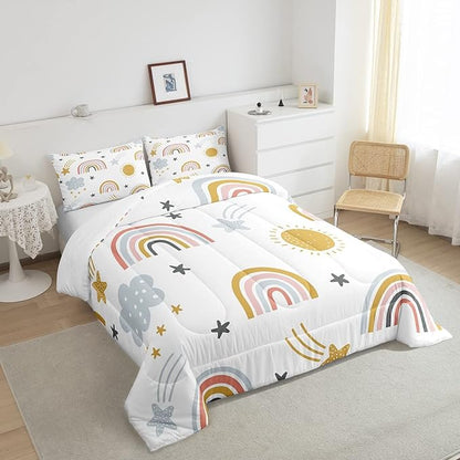 Erosebridal Girls Rainbow Bedding Set, Sun and Stars Comforter Set Queen Size for Kids Boys Children Cartoon Style Cloud Bedding Comforters Girly Soft Microfiber Duvet Insert for Bedroom Decor