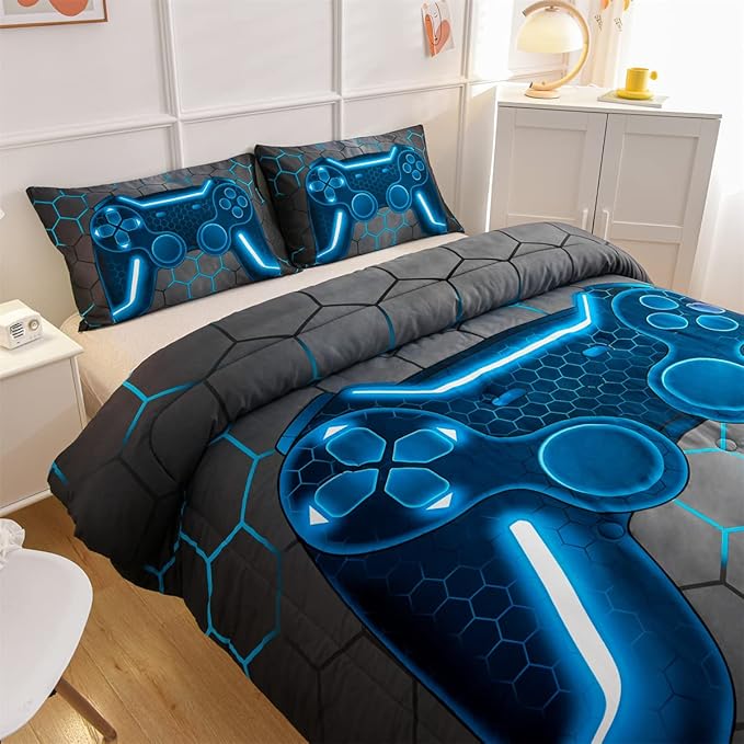 NTBED Game Console Comforter Set for Boys Girls Kids 3D Gaming Geometric Lightweight Microfiber Bedding Sets (blue, Queen)