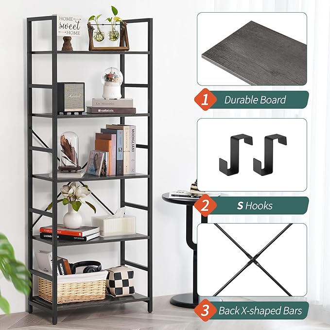 Yoobure 5 Tier Bookshelf - Tall Book Shelf Modern Bookcase for CDs/Movies/Books, Rustic Book Case Industrial Bookshelves Book Storage Organizer for Bedroom Home Office Living Room Grey