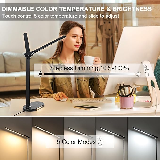 Lightess LED Desk Lamp with Wireless Charger, USB Charging Port, Adjustable Foldable Dual Swing Arm Desk Light Dimmable Eye-Caring Desk Lamp, Touch Control, Home Office Desk Lights for Work Study