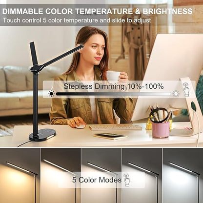 Lightess LED Desk Lamp with Wireless Charger, USB Charging Port, Adjustable Foldable Dual Swing Arm Desk Light Dimmable Eye-Caring Desk Lamp, Touch Control, Home Office Desk Lights for Work Study