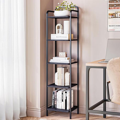 Bookcase Bookshelf, Narrow Book Shelf, Industrial Coner Shelf Storage Organizer, Slim Shelving Unit for Home Office, Living Room, Bedroom, Kitchen, 5-Tier Black BC24504B