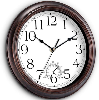 10 Inch Outdoor Wall Clock with Thermometers, Vintage Silent Wall Clocks Battery Operated, Retro Non-Ticking Clock Decorative for Living Room, Patio, Kitchen, Office, Bathroom, Bedroom(Bronze)