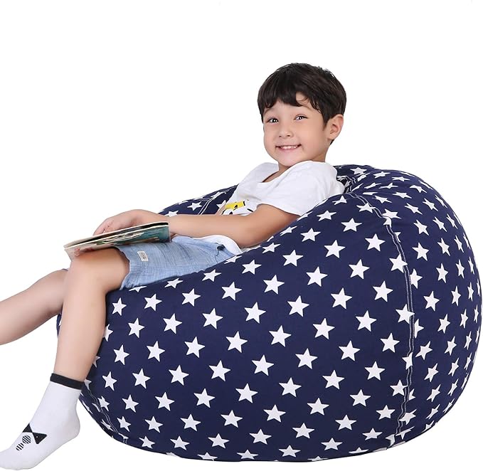 Lukeight Stuffed Animal Storage Bean Bag Chair Cover for Kids, Zipper Beanbag Chair Cover for Organizing Toddler & Kids' Rooms Plush Toys (Stars Navy, Large)